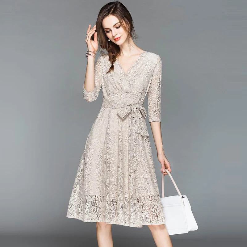 Hollow Out Long Summer Dress Women Waist Tie Mid Calf Lace Elegant 2018 Autumn V Neck Female Vestidos de fiesta | Женская одежда
