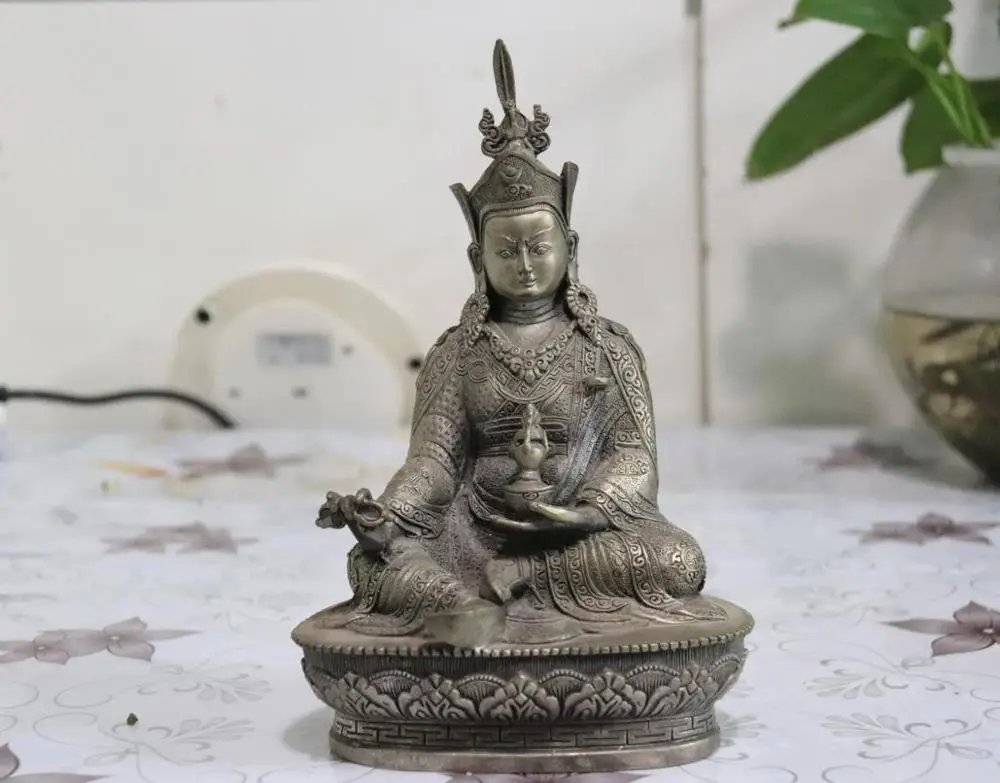 Tibet Buddhism White Copper Silver Fane Lotus Padmasambhava Master Buddha Statue | Дом и сад
