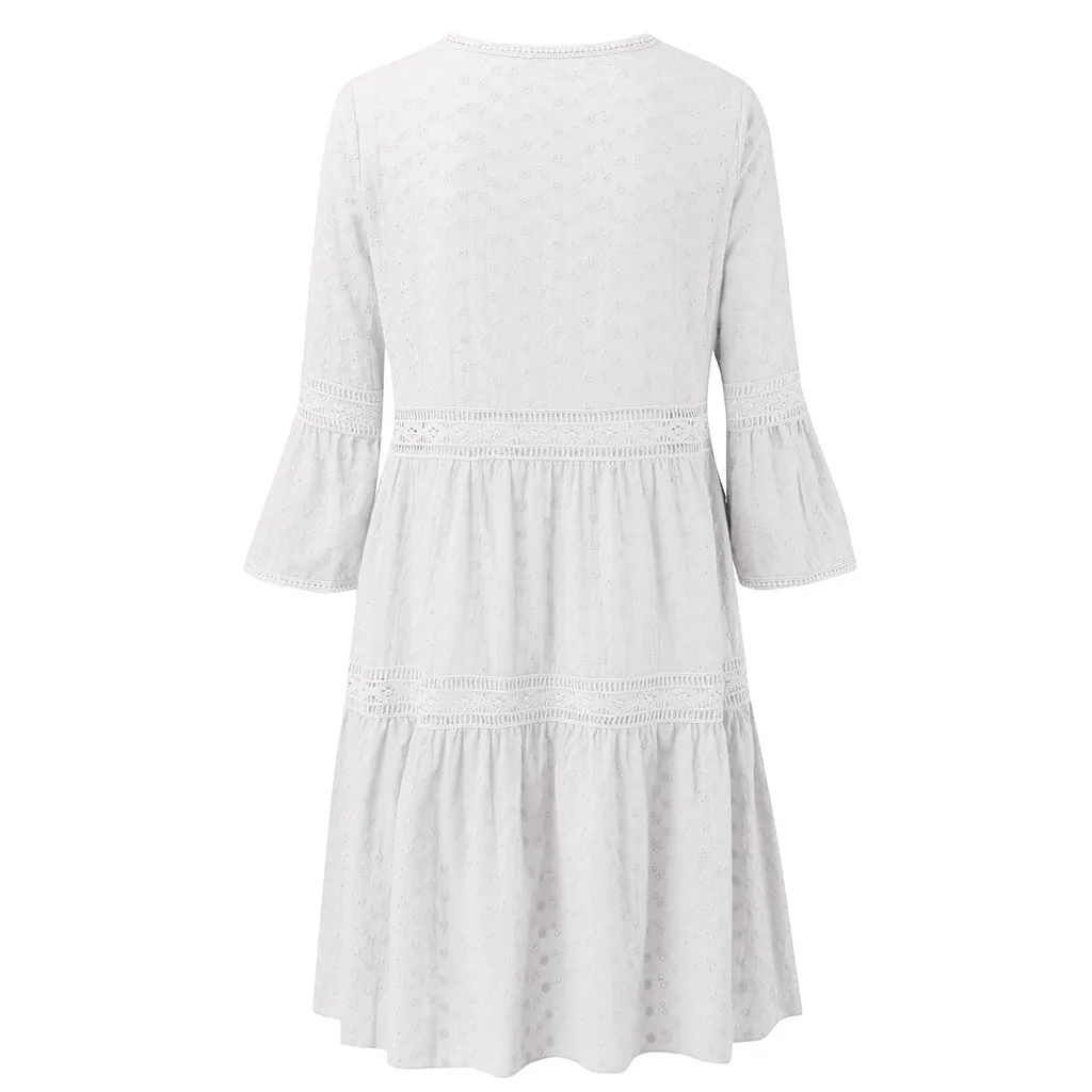 Женские одноцветные платья Boho с вырезом лодочкой, открытые платья средней длины с рукавом 3/4, летнее пляжное платье размера плюс