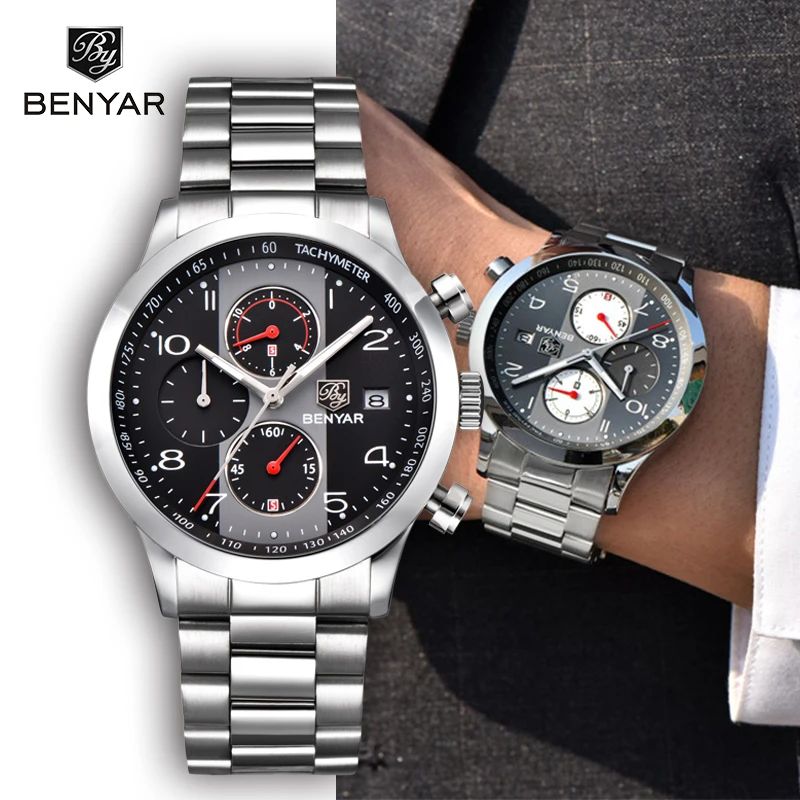 BENYAR Men's Watches 2019 Top Brand Luxury Business Watch Chronograph Quartz Watches Men Stainless Steel Watch Relogio Masculino