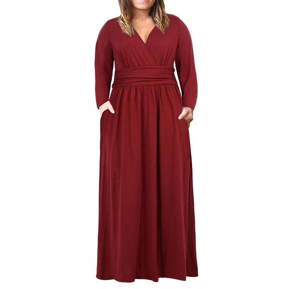Red Joineles 3XL-9XL размера плюс v-образный вырез чистый цвет женское платье с длинным рукавом Осень Зима Элегантное Длинное над размером Макси платье вечерние платья - Цвет: Red