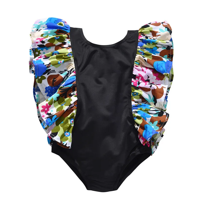 Black 5-6 Years Yangmaile/пляжный купальный костюм с рюшами и цветочным рисунком для маленьких девочек, комбинезон, бикини с высокой талией, лет - Цвет: Black 5-6 Years