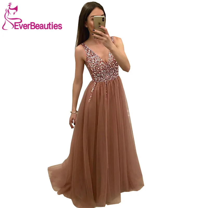 

Evening Dresses 2020 Tulle Beaded V-Neck Evening Party Dresses Backless Prom Gown Robe De Soiree