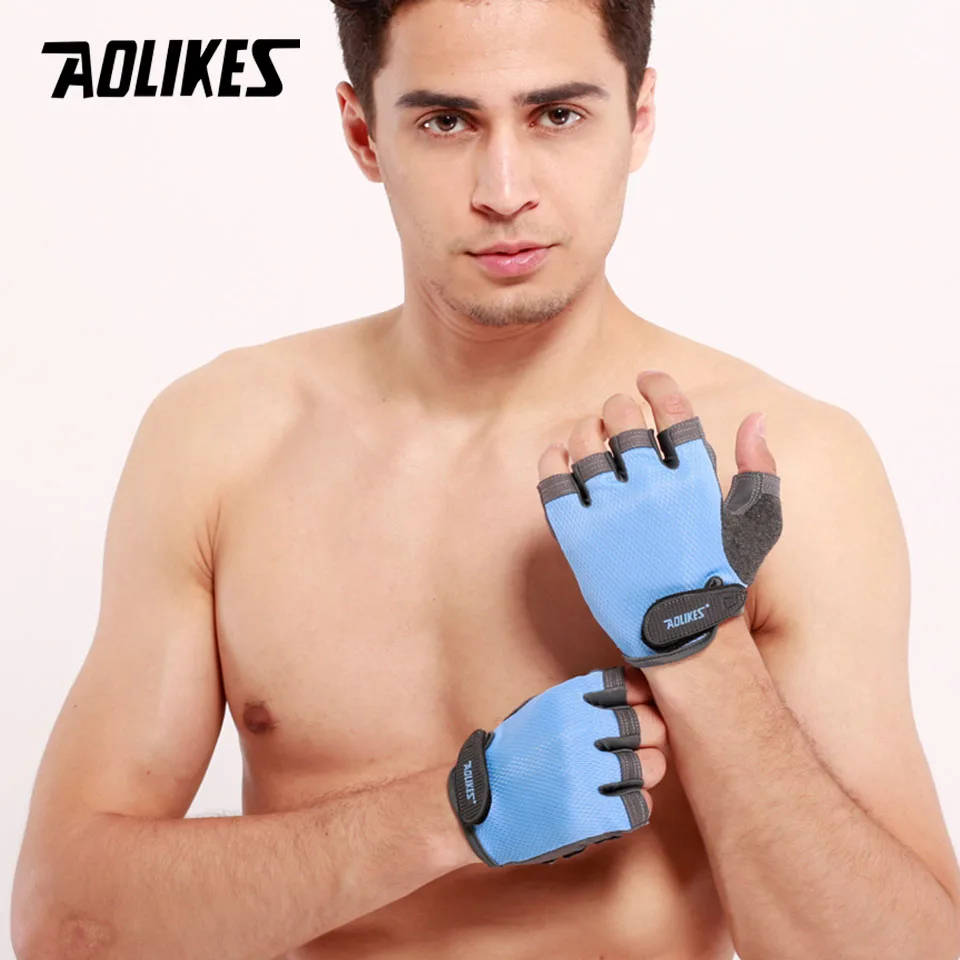 Blue AOLIKES, 1 пара, перчатки для спортзала с полупальцами, Перчатки для фитнеса, унисекс, для взрослых, на запястье, для занятий тяжелой атлетикой, для мужчин и женщин - Цвет: Blue