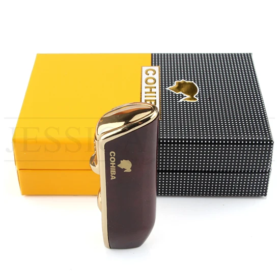 Red With Box COHIBA металлическая ветрозащитная Мини карманная сигарная зажигалка, 3 струйный синий фонарь, зажигалки для сигарет с сигарой, подарочная коробка - Цвет: Red With Box