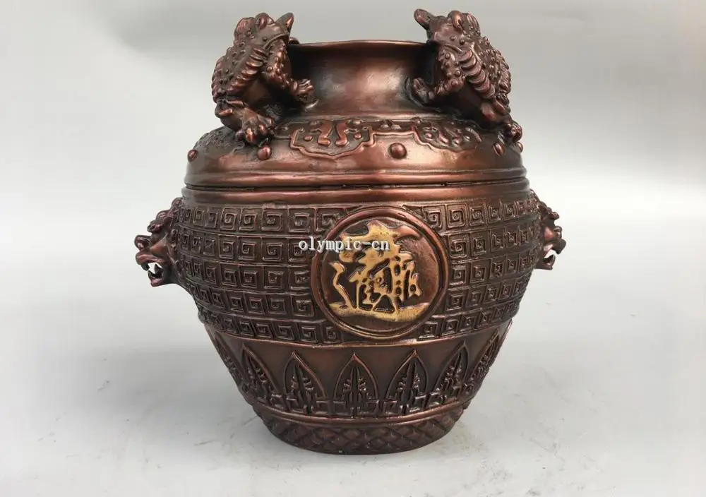 

8'' Classica Bronze carved chinese folk spittor golden toad gather money jar box
