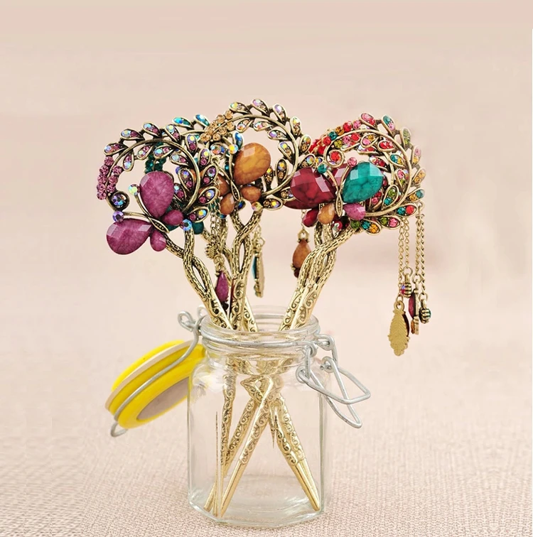 Retro Charm Flower Butterfly Hairpin Colorful Rhinestone Hair Stick New Arrival Women Accessories | Украшения и аксессуары