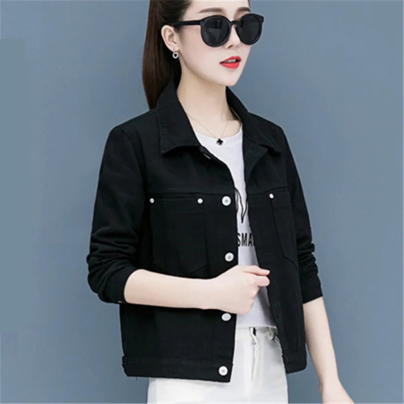 Женская джинсовая куртка с отложным воротником однотонная черная желтая красная