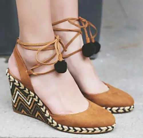 Женская обувь на платформе эспадрильи босоножки танкетке шнуровке с ремешком