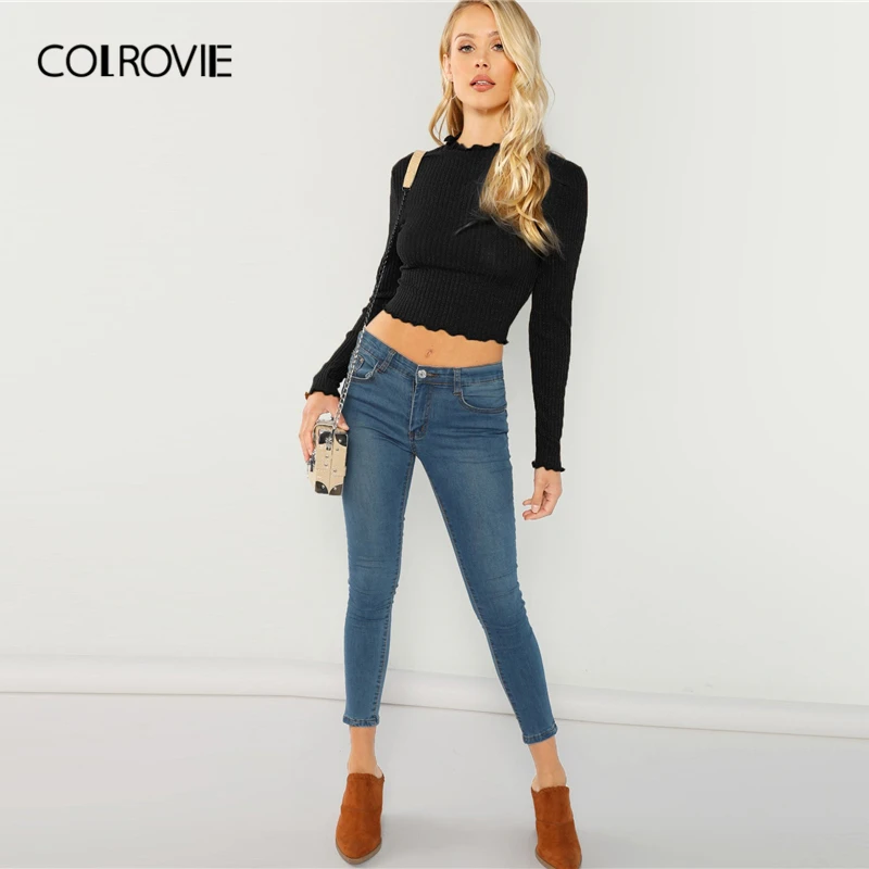 COLROVIE коричневый салат обрезать девушка короткая футболка для женщин осень черный корейский длинный рукав тройник сексуальные женские футболки женские топы тройник