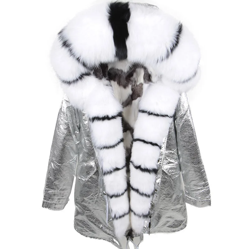 Deri Ceket Women Winter Large Natural Real Fox Fur Cuff& Liner Thick Warm Silver Jacket Coast Female Waterproof Loose Parkas - Цвет: C24