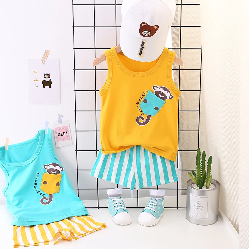 Summer color cartoon hot sale cotton children baby boys vest short clothing set | Детская одежда и обувь