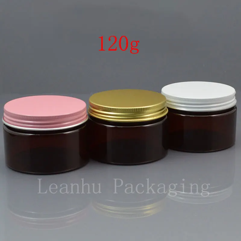 120g Empty Brown PET Cream Jar White Pink Gold Aluminum Screw Cap 120ml Solid Perfumes Bottles 4oz Mask Cream Amber Containers