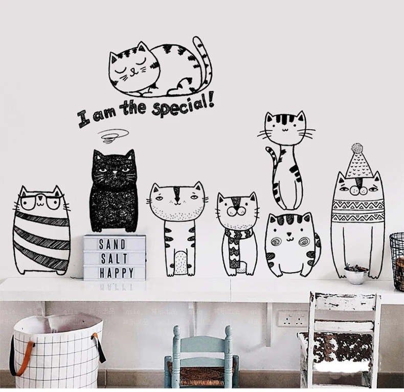 Cute Kittens Wall Stickers Removable Art Wall Home Decor PVC for Living Room Kids Room Bedroom Wallpaper