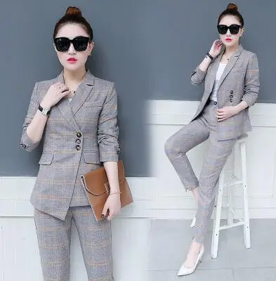 Gray grid Молодежная одежда для женщин комплект из двух предметов Элегантный женский костюм комплект из 2 предметов женские костюмы комплект офисной одежды корейский стиль K4273 - Цвет: Gray grid