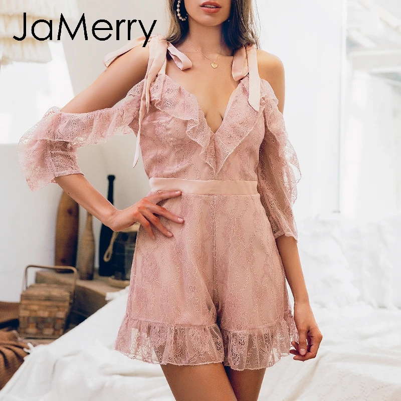 JaMerry Винтаж Элегантный Раффлед открытыми плечами кружевной комбинезон для