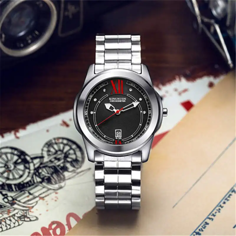 KINGNUOS модные часы Для мужчин бренды кварцевые группа Нержавеющая сталь красные