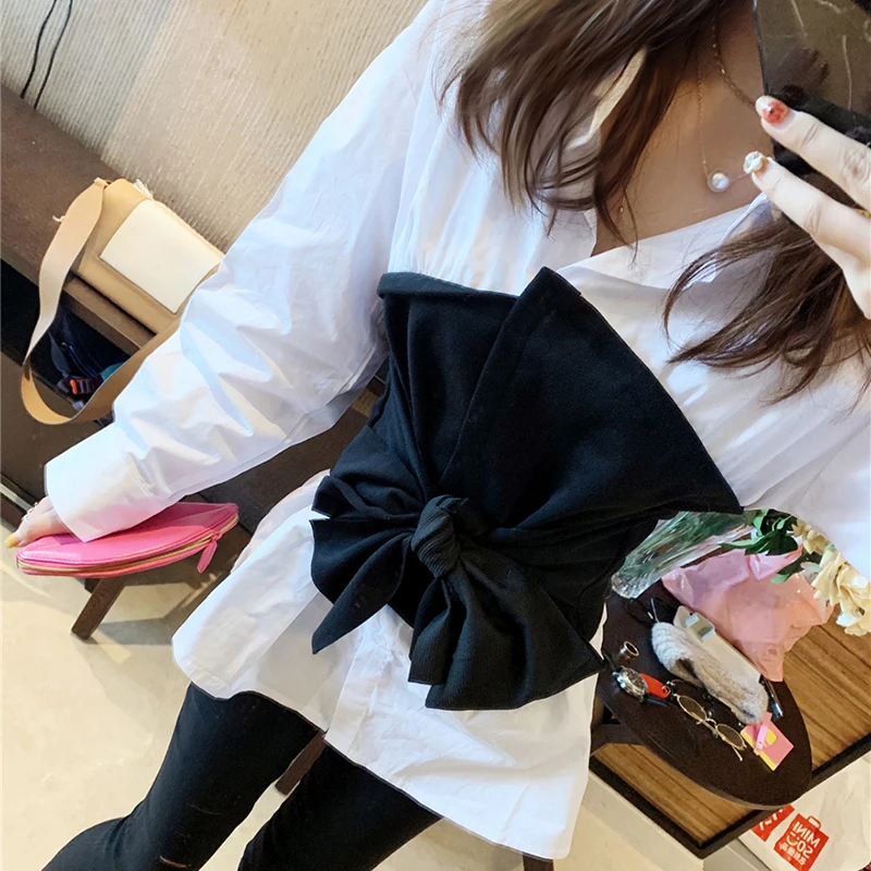 Блузка женская с длинным рукавом отложным воротником и поясом|Блузки| |