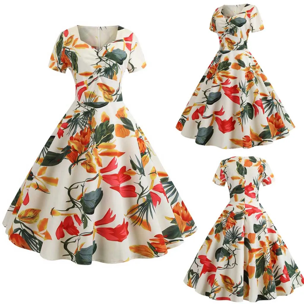 Женское платье пачка с короткими рукавами v образным вырезом на молнии цветочным