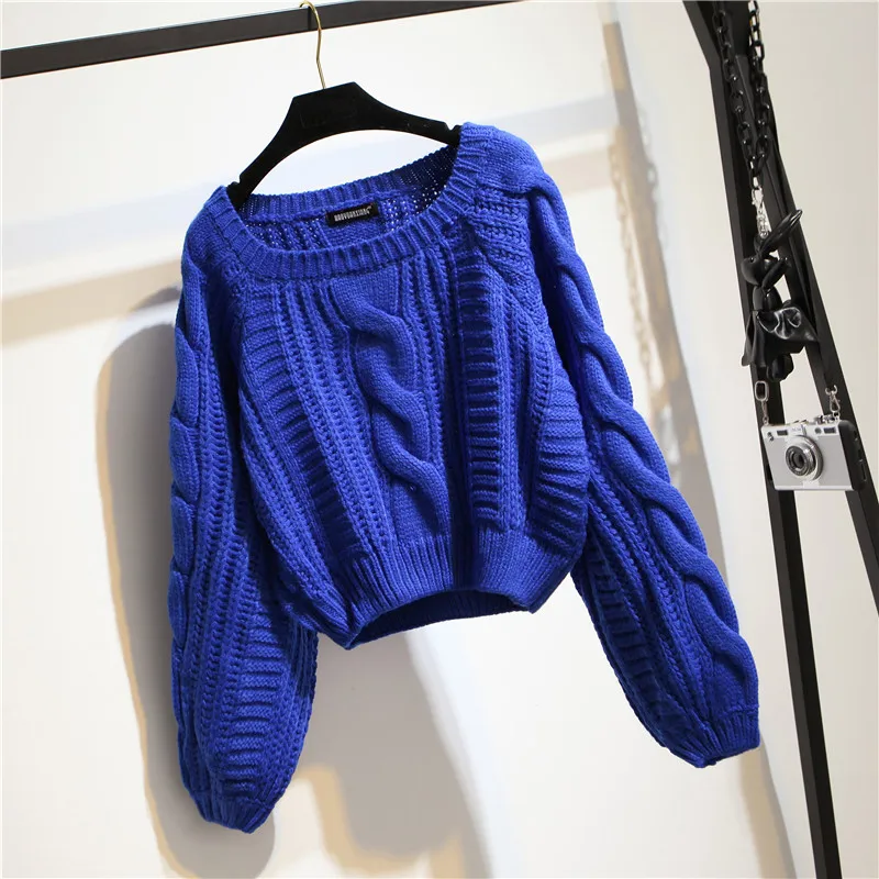 Candy colors Twisted lines Solid Sweater Autumn Winter New O-neck Long Sleeve Lantern Short Pullovers Jumper | Женская одежда