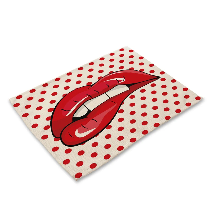 

BalleenShiny Retro American Style Lip Women Pad Placemat Cotten Linen Table Mat Tableware Bowl Coaster Table Decorative Tools
