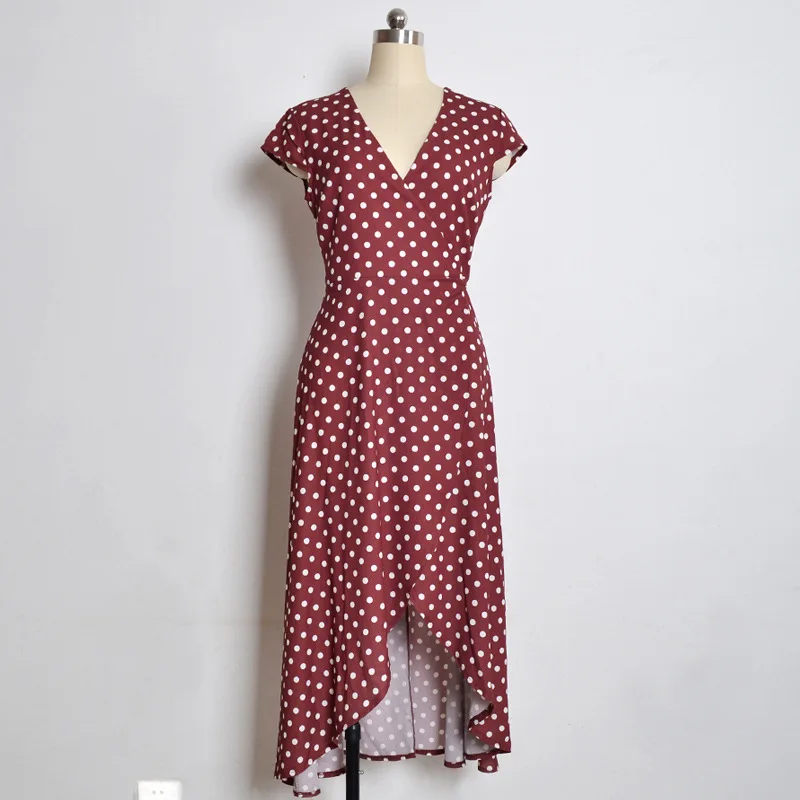 Vintage Style Polka Dots Dress Summer Women Beach Dresses Boho V Neck Asymmetric Split Long Elegant Party Wrap Vestidos Burgundy | Женская