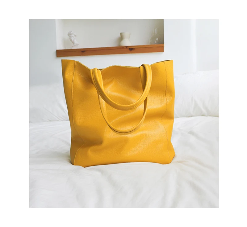 Women Luxury Bag Casual Tote Female Lemon Yellow Fashion Shoulder Handbag Lady Cowhide Genuine Leather Shoulder Shopping Bag