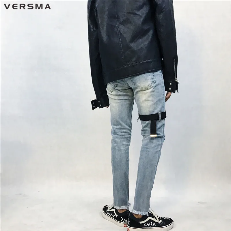 VERSMA хип-хоп Уличная одежда, облегающие джинсы, рваные джинсы, Мужские корейские Harajuku SUGA GD ленты, Лоскутные, для бега, для мотоцикла, джинсы, брюки