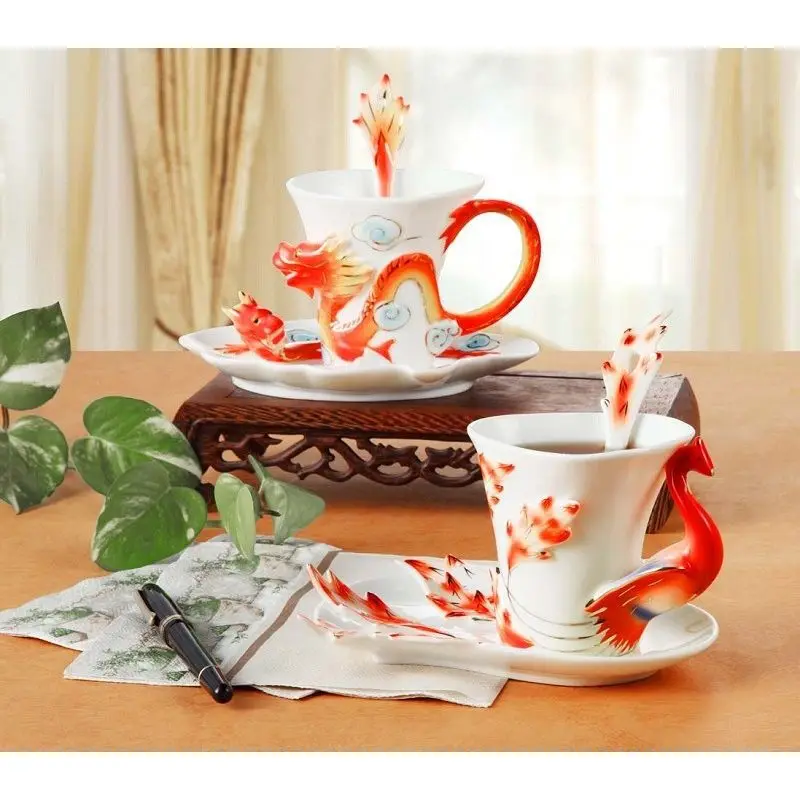 

creative dragon Phoenix ceramic cup color enamel porcelain cup saucer spoon set coffee tea set gift