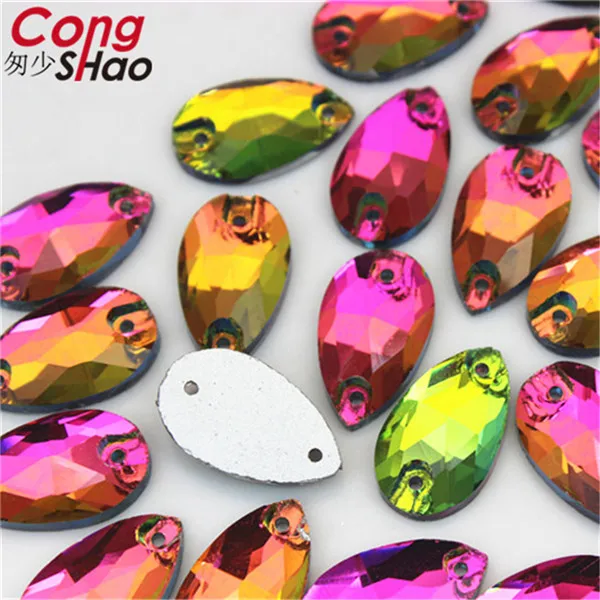 Cong Shao, 50 шт, 11*18 мм, AB, цветные, плоские с оборота, стеклянные стразы, камни и кристаллы, для шитья, 2 отверстия, сделай сам, свадебное платье, CS253 - Цвет: AB Colorful