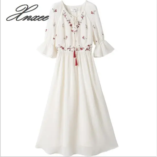 

White chiffon embroidered dress 2020 new summer retro v-neck dress