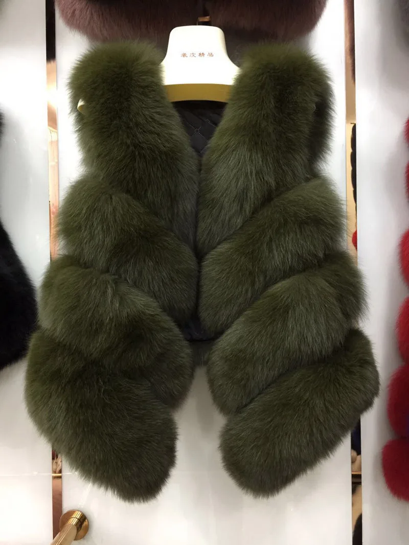 Khaki Green Jancoco Max 12 цветов Топ мягкий толстый натуральный Лисий мех жилет 4 ряда Женская Зимняя мода натуральный меховой жилет короткая куртка новинка S7164 - Цвет: Khaki Green