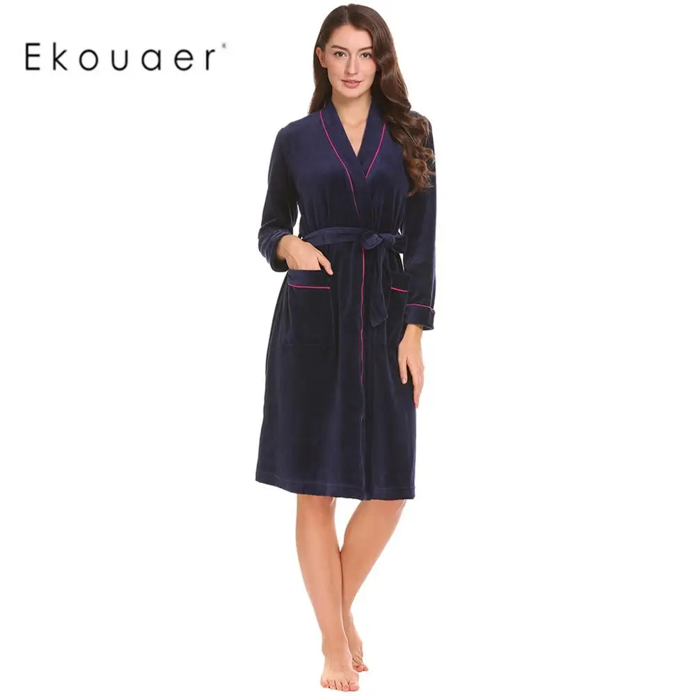 Navy Blue Ekouaer, Женский бархатный халат, пижама, кимоно, хлопок, халат, однотонный, зима, осень, длинный рукав, карман, пэчворк, пижама, спа халаты - Цвет: Navy Blue