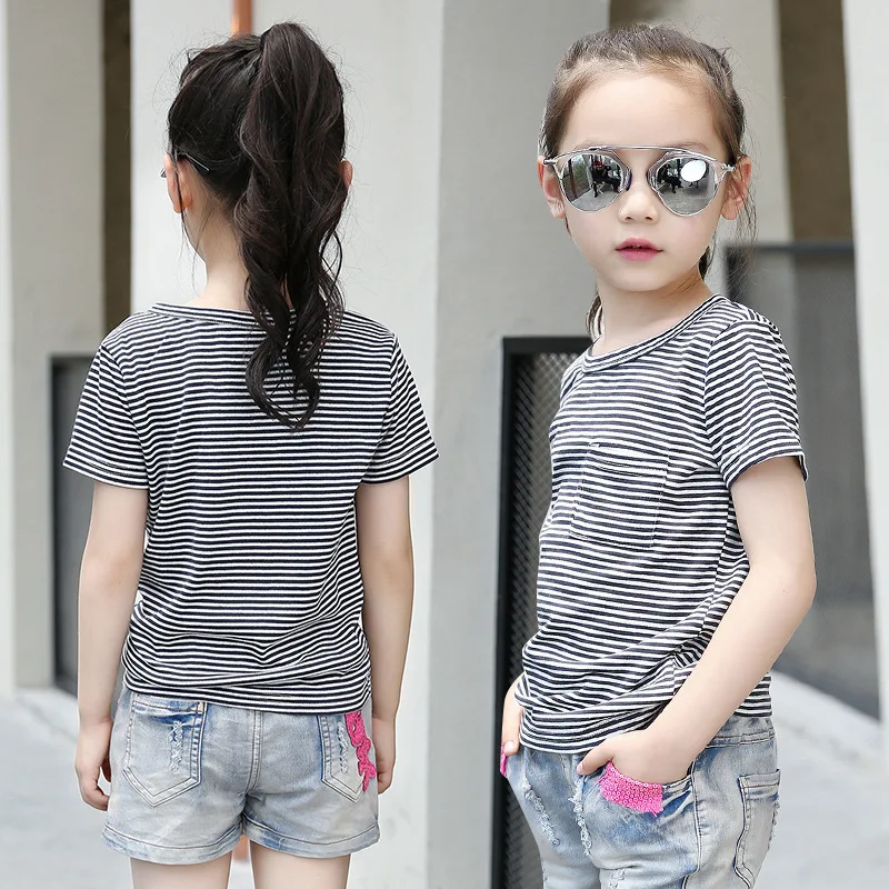 

6-10T Summer Baby Girls T-Shirt Short Sleeve Striped Tops Soft Cotton Toddler Kids T-Shirt Fashion Clothes