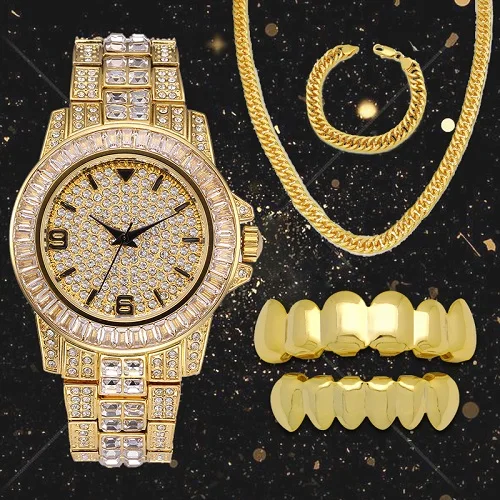 gold set Lureen звено цепи ожерелье браслет полный кварцевые часы золотые зубы Grillz 4 шт. комбо набор ювелирных изделий вечерние подарок W0002 - Окраска металла: gold set