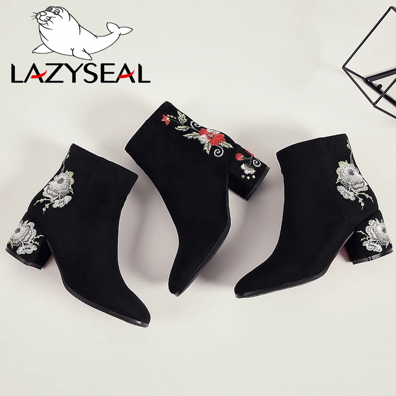 Женские ботинки LazySeal с цветочной вышивкой ботильоны на высоком каблуке черные