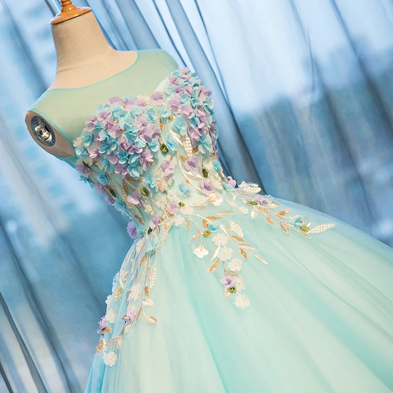 2017 Gorgeous Light Green Flowers Applique Pageant Party Dress Women Sleeveless Floor Length Ball Gown vestidos de festa Женская