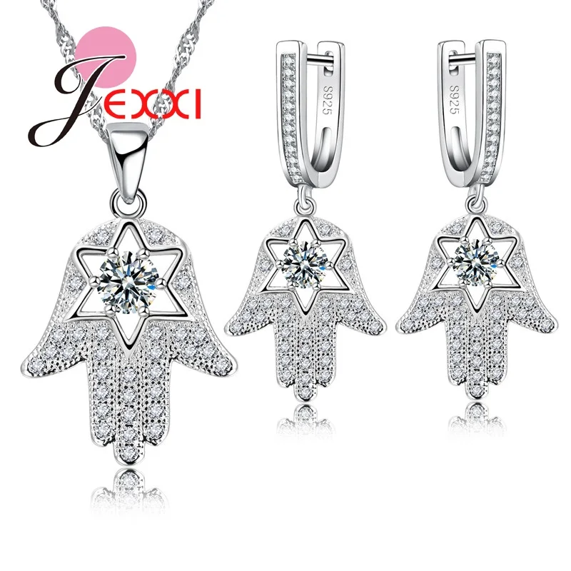 

Women Hoop Earrings Necklace Pendent Sets S Stamped Silver Needle Jewelry Set For Wedding Party Clear Crystal
