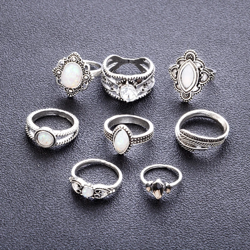 8 шт./компл. винтажные серебристые кольца в форме капли воды Листьев круга сердца