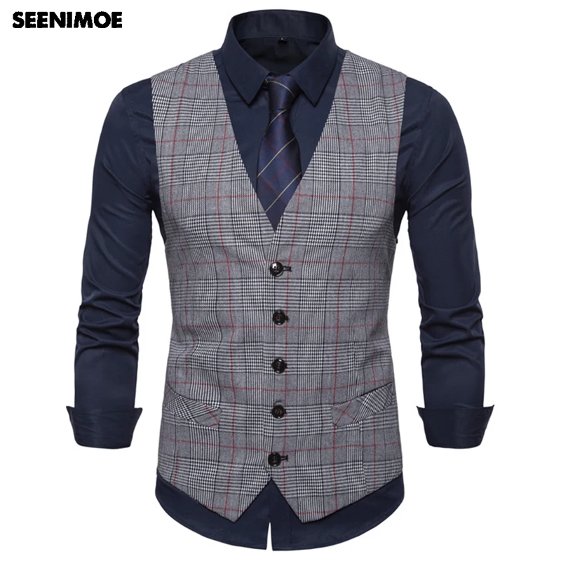 Seenimoe 2019 мужские жилеты в полоску и клетку Комплект с деловым блейзером