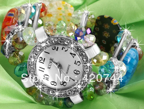 Браслет с бусинами из хрустального муранского стекла 2 шт. + шикарные круглые часы