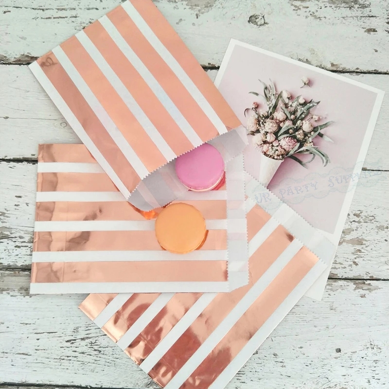 100 шт бумажный пакет розовое золото в полоску горошек плоский Подарочный конфеты