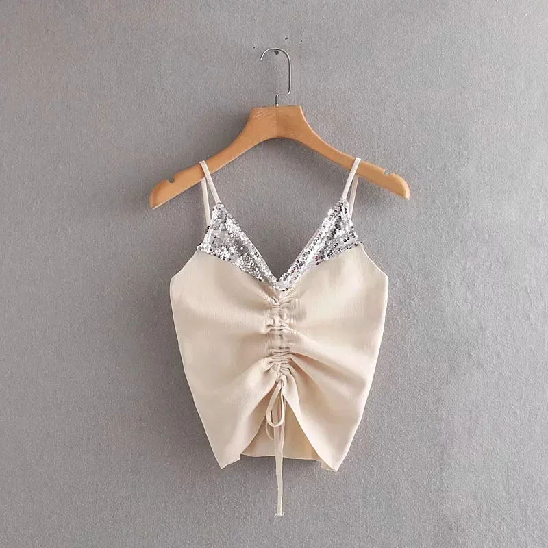 2019 Summer new style Sexy Women Plain Camisole V-neck Vest Slim Sling Short Tank drawstring Tops Sequin | Женская одежда