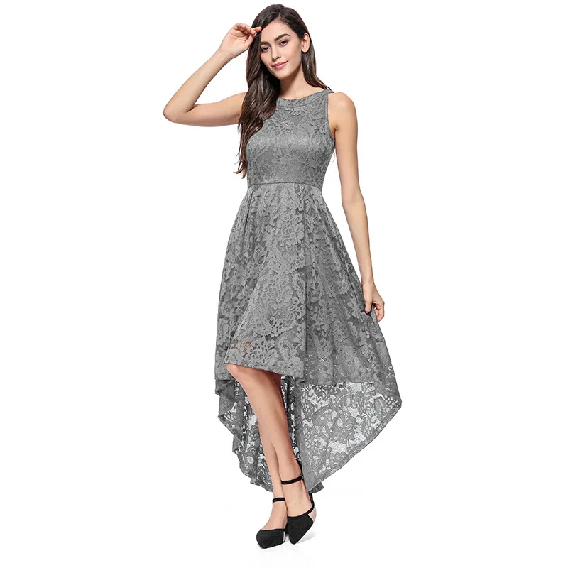 Женское кружевное платье без рукавов повседневное однотонное длинное с круглым