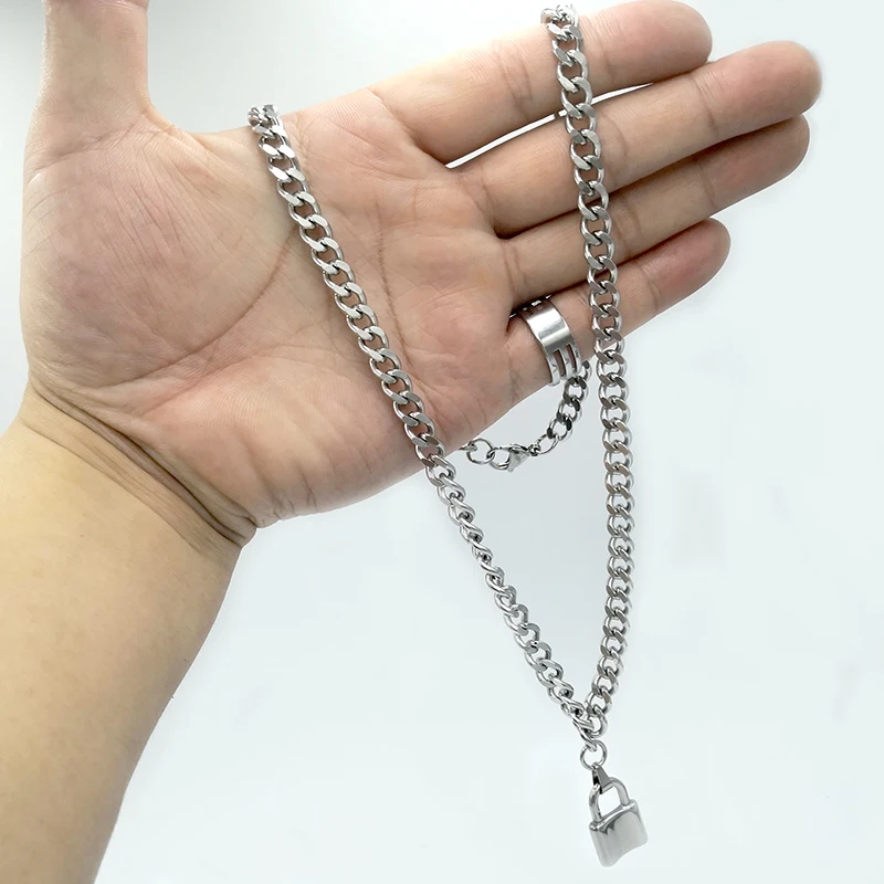 Stainless Steel Grinding Surface Cuban Chain Men/Women Jewelry Silver Color PadLock Pendant Necklace Fashion Accessories Gifts
