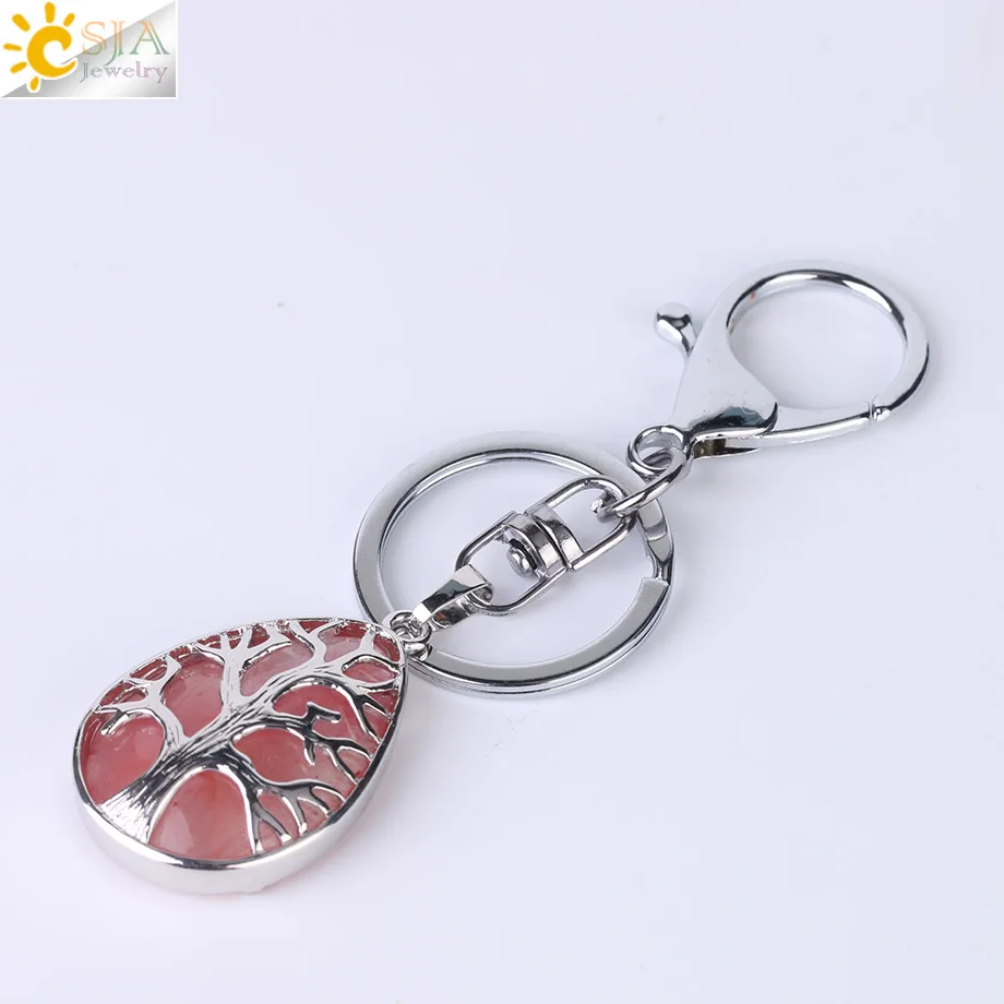 Watermelon Crystal CSJA модные капли воды брелки для ключей брелок для ключей рейки натуральный драгоценный камень Дерево жизни кулон для автомобиля мотоцикл сумка F400 - Цвет: Watermelon Crystal