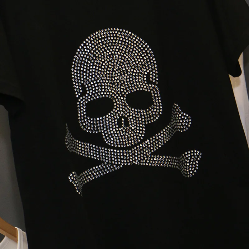 

Hot drilling printed short-sleeved t-shirt women summer loose diamond cotton top tees plus size 3XL