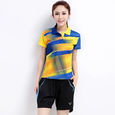 Female B9816 blue Новая футболка для бадминтона+ шорты футболки для пары для игры в настольный теннис, футболка, дышащая быстросохнущая Мужская/Женская теннисная футболка с поездами - Цвет: Female B9816 blue