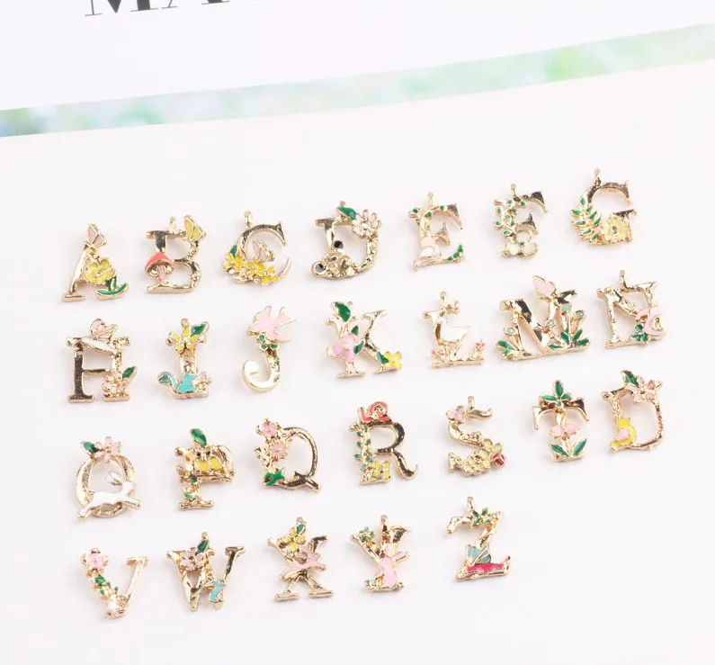 

10pcs 13*18mm Alloy Gold Color Base Letter A~Z Oil drop Flower Letter Charms Pendants for DIY Jewelry Findings wholesale