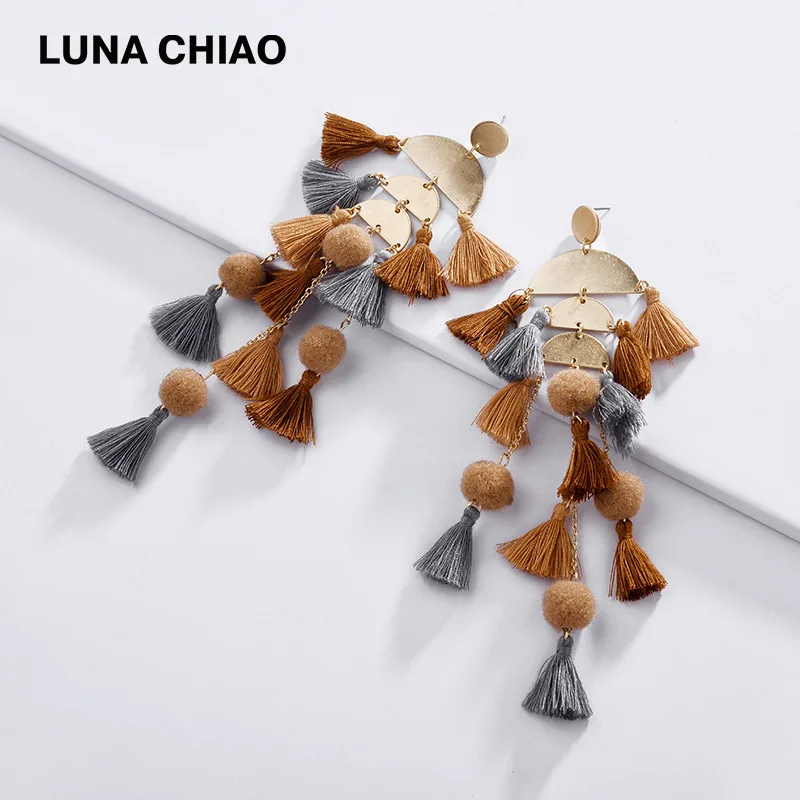 Brown LUNA CHIAO, модные ювелирные изделия, бохо стиль, Богемия, несколько кисточек, длинные висячие серьги, гипербола, массивные серьги для женщин - Окраска металла: Brown